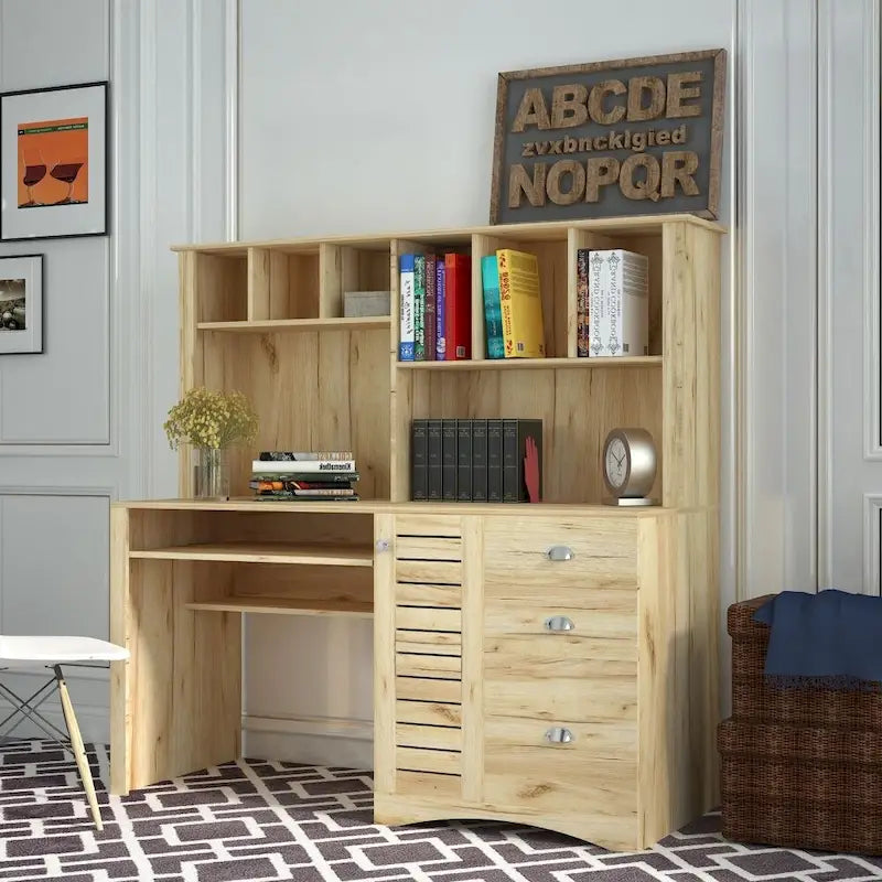 Bureau informatique marron/blanc/chêne avec huche, 3 tiroirs et étagères ouvertes