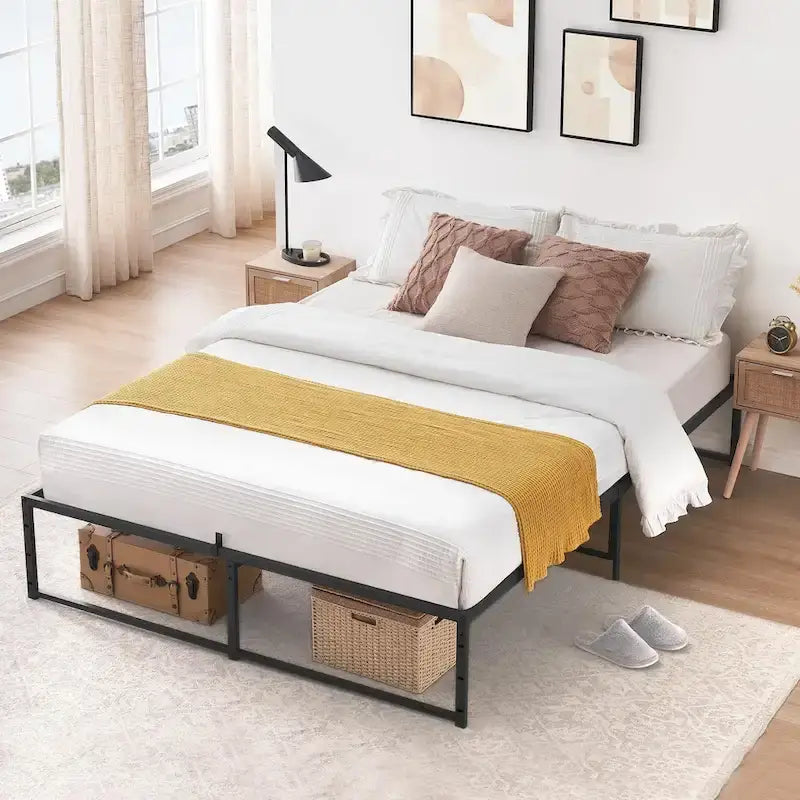 Cadre de lit plateforme en métal noir avec support en acier 3-en-1 et dégagement sous le lit de 33 cm – Lit simple / double / grand lit