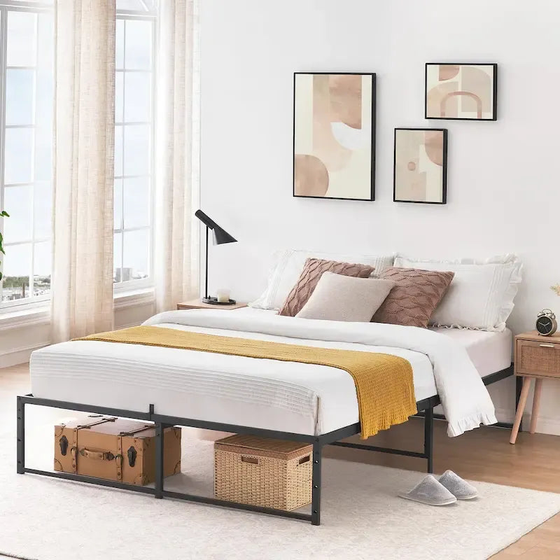 Cadre de lit plateforme en métal noir avec support en acier 3-en-1 et dégagement sous le lit de 33 cm – Lit simple / double / grand lit