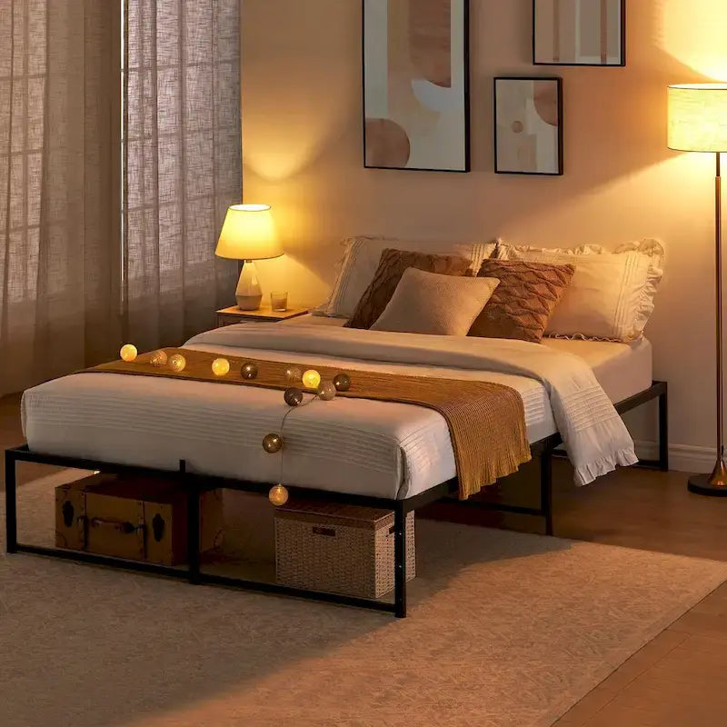 Cadre de lit plateforme en métal noir avec support en acier 3-en-1 et dégagement sous le lit de 33 cm – Lit simple / double / grand lit