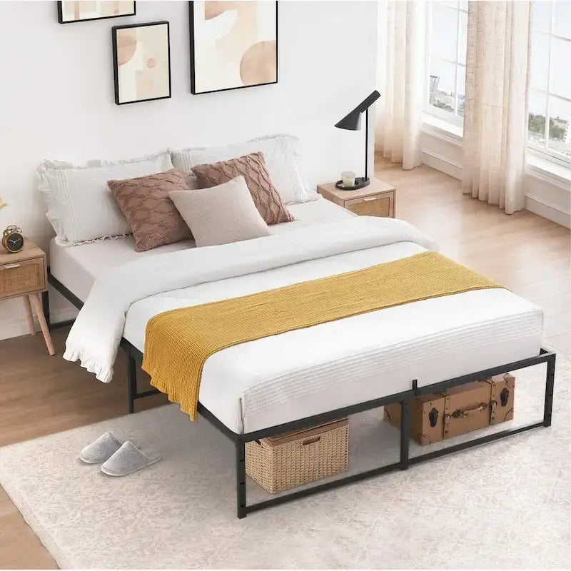 Cadre de lit plateforme en métal noir avec support en acier 3-en-1 et dégagement sous le lit de 33 cm – Lit simple / double / grand lit