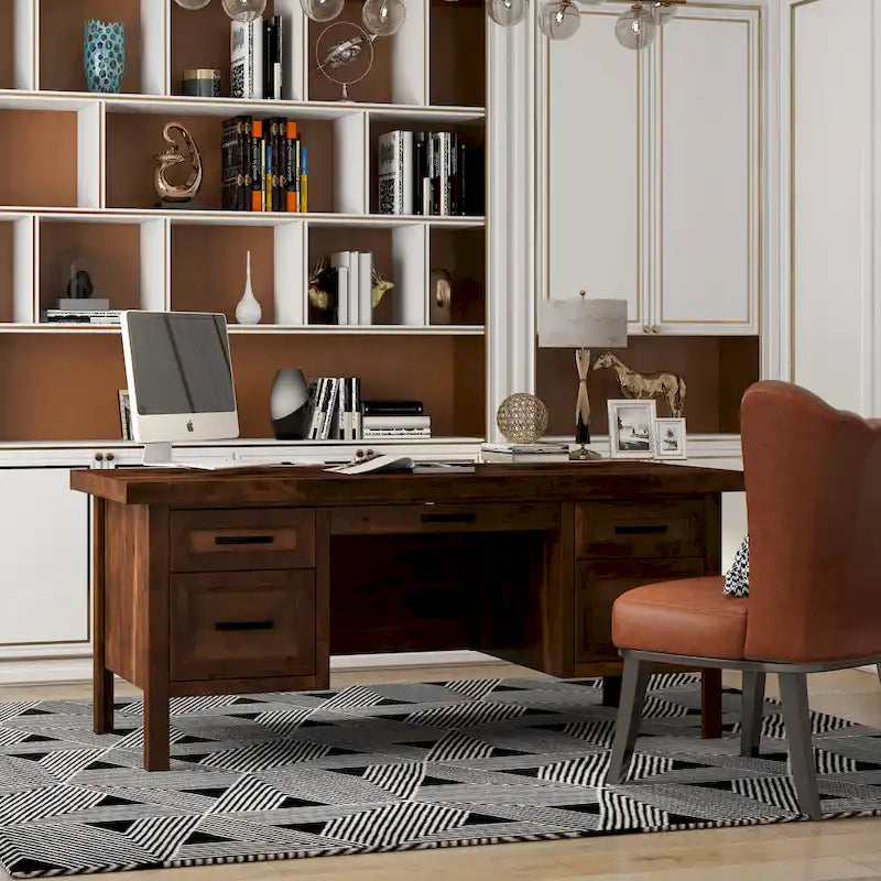 Bureau de direction en aulne noueux Whiskey de 180 cm avec tablette coulissante, tiroir supérieur, tiroir classeur, porte et gestion des câbles – Aucun assemblage requis
