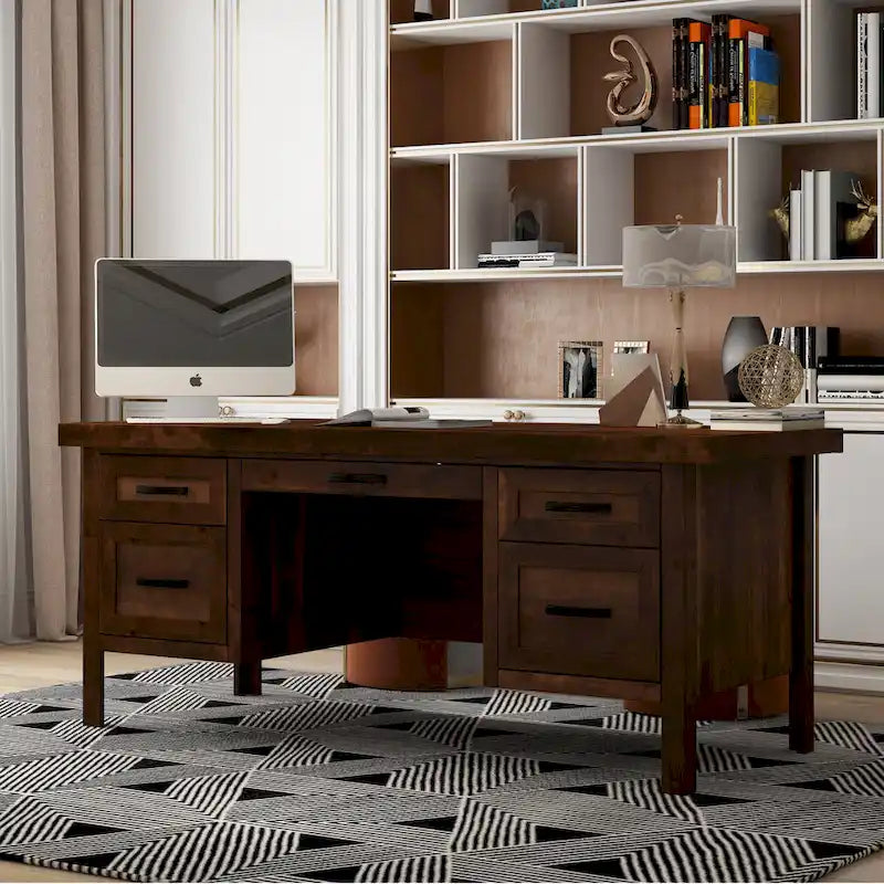 Bureau de direction en aulne noueux Whiskey de 180 cm avec tablette coulissante, tiroir supérieur, tiroir classeur, porte et gestion des câbles – Aucun assemblage requis