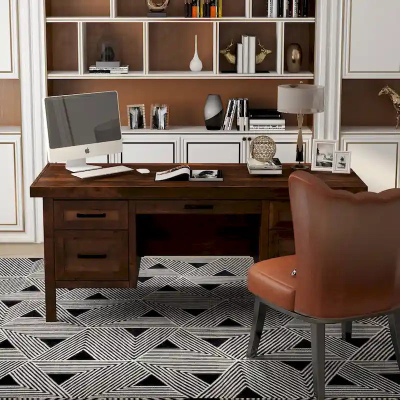 Bureau de direction en aulne noueux Whiskey de 180 cm avec tablette coulissante, tiroir supérieur, tiroir classeur, porte et gestion des câbles – Aucun assemblage requis