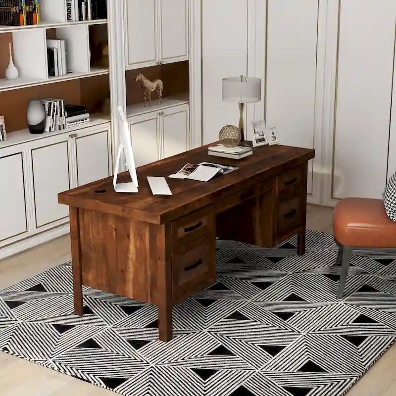 Bureau de direction en aulne noueux Whiskey de 180 cm avec tablette coulissante, tiroir supérieur, tiroir classeur, porte et gestion des câbles – Aucun assemblage requis