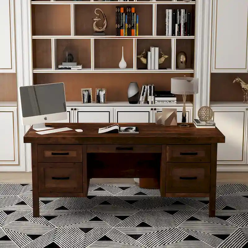 Bureau de direction en aulne noueux Whiskey de 180 cm avec tablette coulissante, tiroir supérieur, tiroir classeur, porte et gestion des câbles – Aucun assemblage requis