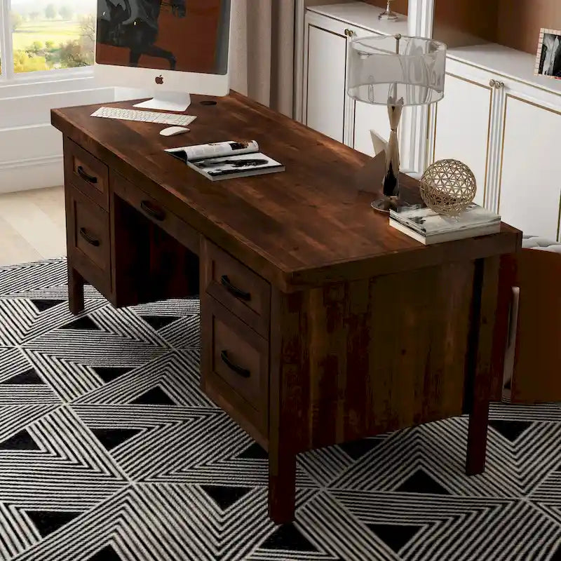 Bureau de direction en aulne noueux Whiskey de 180 cm avec tablette coulissante, tiroir supérieur, tiroir classeur, porte et gestion des câbles – Aucun assemblage requis