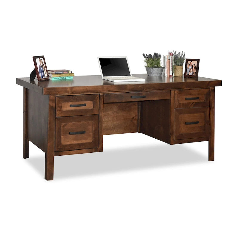 Bureau de direction en aulne noueux Whiskey de 180 cm avec tablette coulissante, tiroir supérieur, tiroir classeur, porte et gestion des câbles – Aucun assemblage requis
