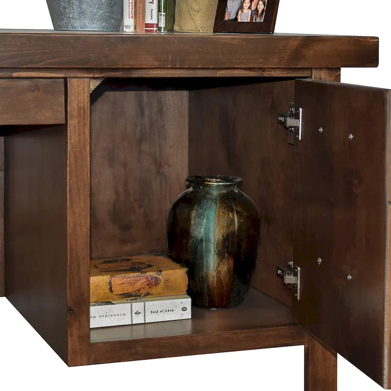 Bureau de direction en aulne noueux Whiskey de 180 cm avec tablette coulissante, tiroir supérieur, tiroir classeur, porte et gestion des câbles – Aucun assemblage requis