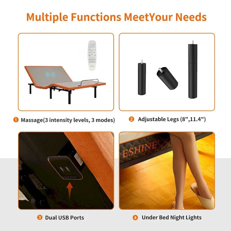 Cadre de lit métallique noir réglable avec massage, télécommande sans fil et lumière sous le lit – Twin XL / Queen / King / Split King