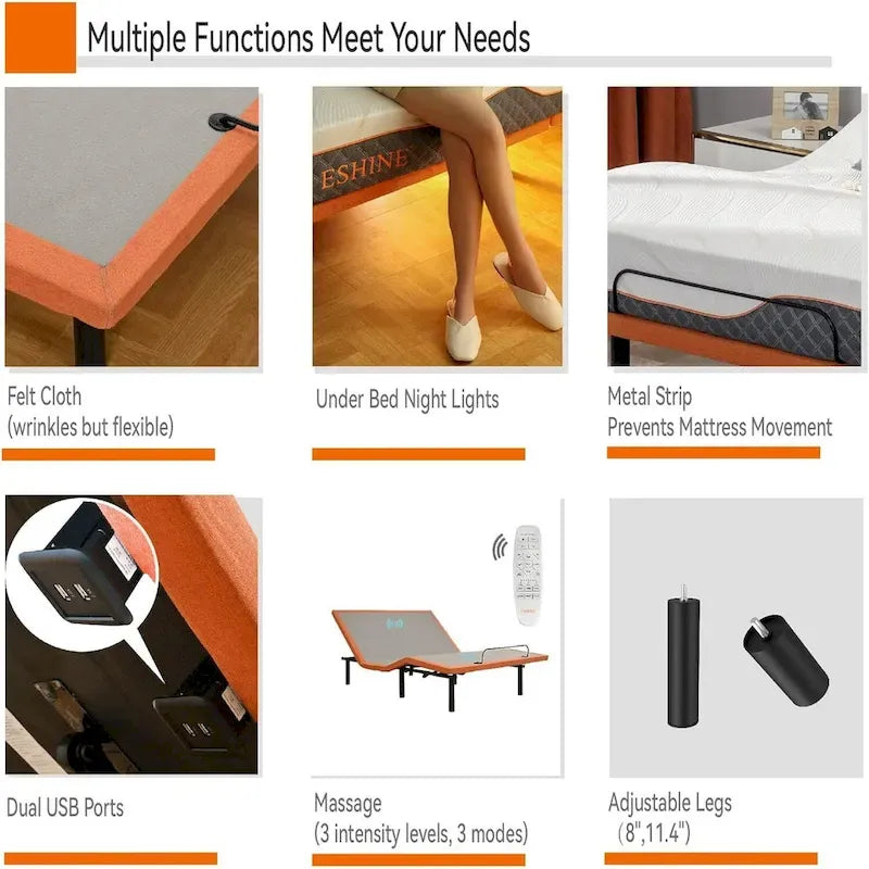 Cadre de lit métallique noir réglable avec massage, télécommande sans fil et lumière sous le lit – Twin XL / Queen / King / Split King