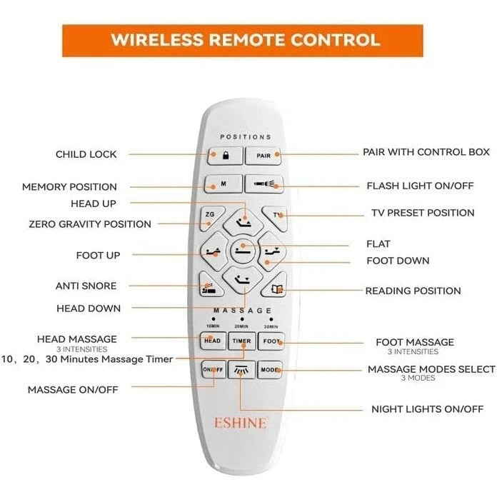 Cadre de lit métallique noir réglable avec massage, télécommande sans fil et lumière sous le lit – Twin XL / Queen / King / Split King
