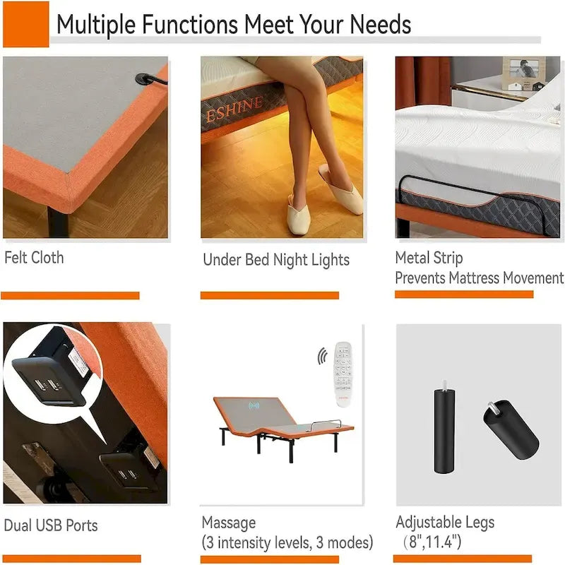 Cadre de lit métallique noir réglable avec massage, télécommande sans fil et lumière sous le lit – Twin XL / Queen / King / Split King