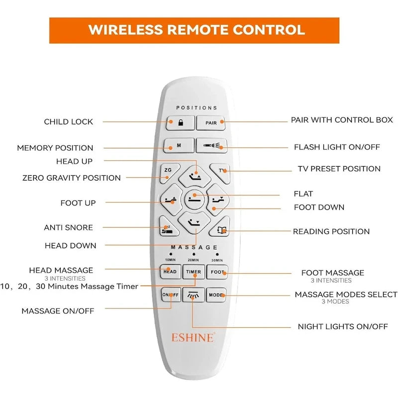Cadre de lit métallique noir réglable avec massage, télécommande sans fil et lumière sous le lit – Twin XL / Queen / King / Split King