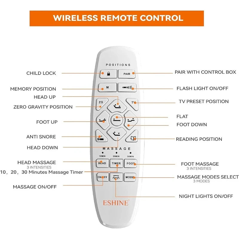 Cadre de lit métallique noir réglable avec massage, télécommande sans fil et lumière sous le lit – Twin XL / Queen / King / Split King