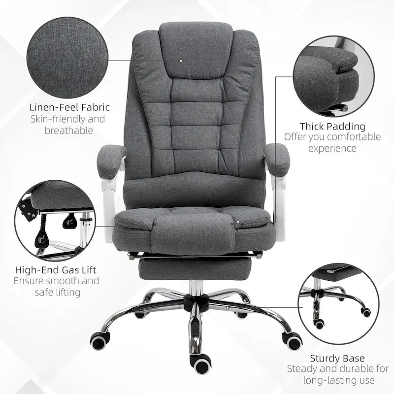 Fauteuil de bureau de direction haut dossier en lin gris galet avec repose-pieds, accoudoirs rembourrés et dossier inclinable – Unité