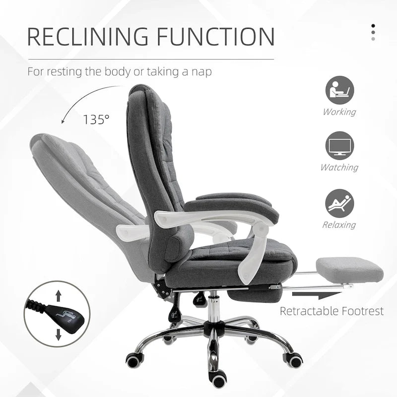 Fauteuil de bureau de direction haut dossier en lin gris galet avec repose-pieds, accoudoirs rembourrés et dossier inclinable – Unité