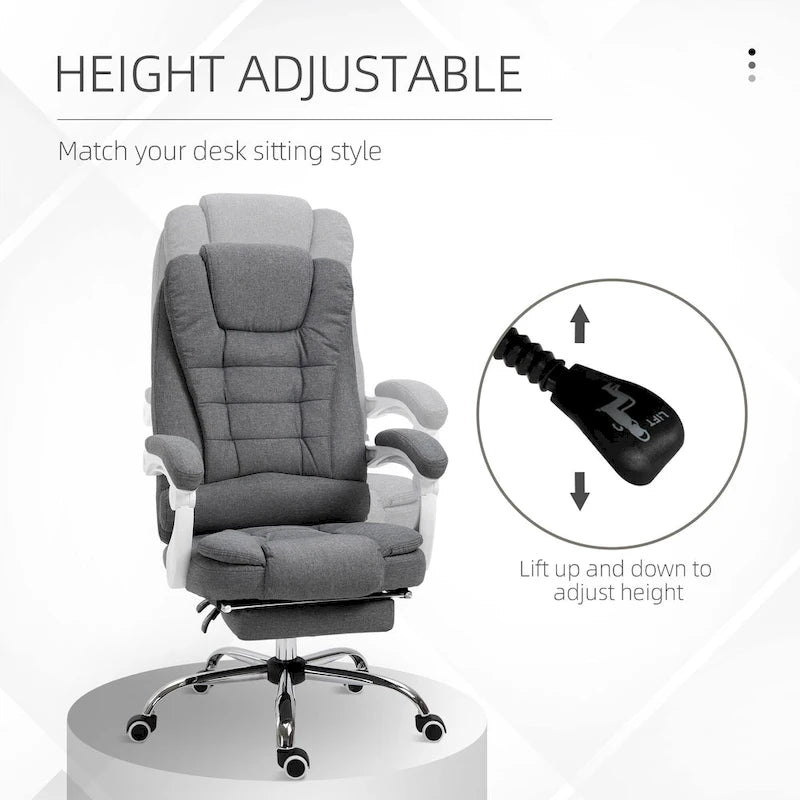 Fauteuil de bureau de direction haut dossier en lin gris galet avec repose-pieds, accoudoirs rembourrés et dossier inclinable – Unité
