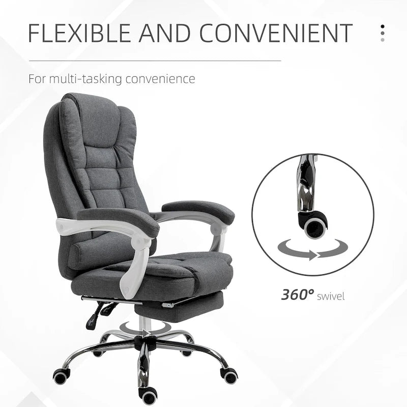 Fauteuil de bureau de direction haut dossier en lin gris galet avec repose-pieds, accoudoirs rembourrés et dossier inclinable – Unité
