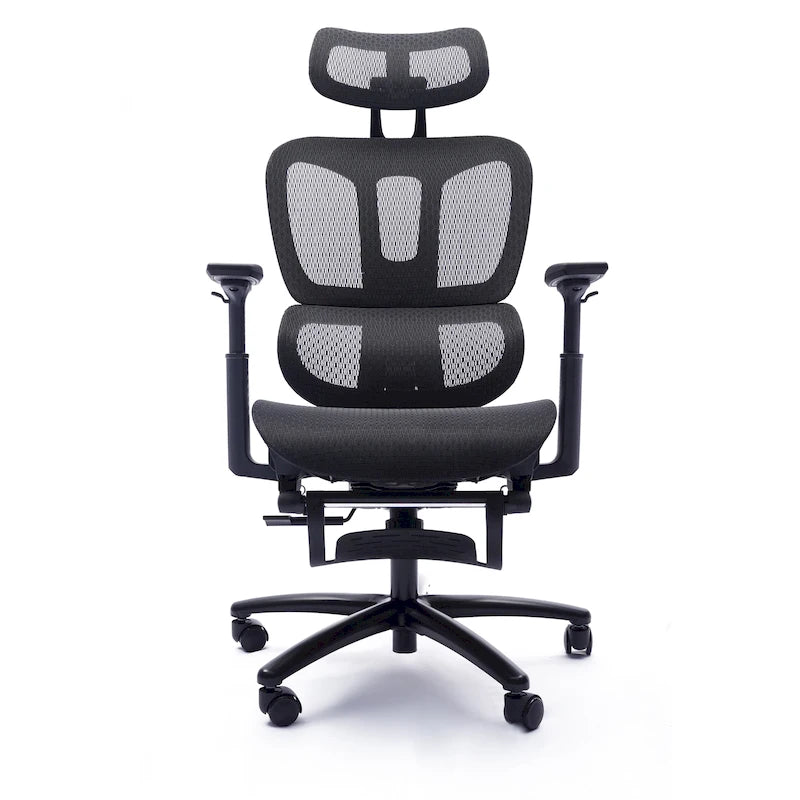 Chaise de bureau ergonomique noire en maille intégrale avec accoudoirs 4D, repose-pieds, appui-tête et inclinaison à 135° – Individuel