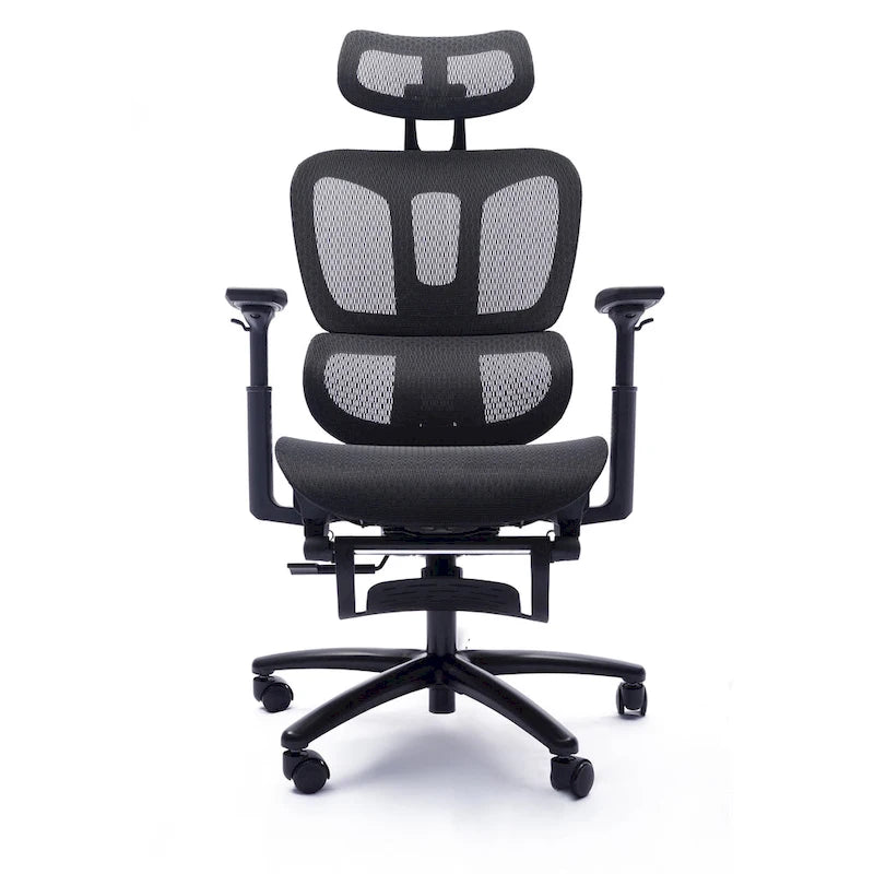 Chaise de bureau ergonomique noire en maille intégrale avec accoudoirs 4D, repose-pieds, appui-tête et inclinaison à 135° – Individuel
