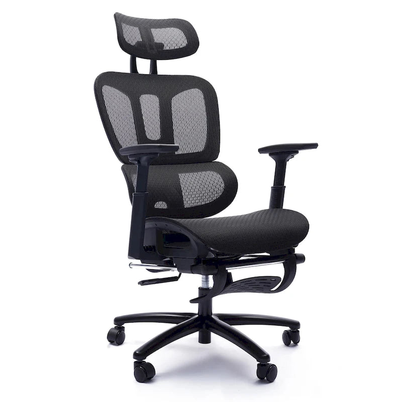 Chaise de bureau ergonomique noire en maille intégrale avec accoudoirs 4D, repose-pieds, appui-tête et inclinaison à 135° – Individuel