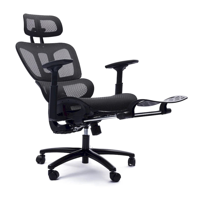 Chaise de bureau ergonomique noire en maille intégrale avec accoudoirs 4D, repose-pieds, appui-tête et inclinaison à 135° – Individuel