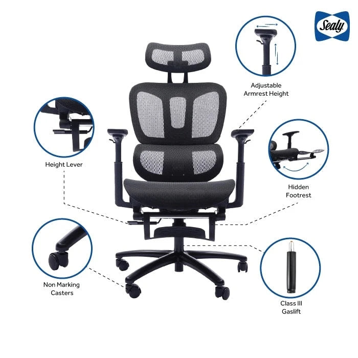 Chaise de bureau ergonomique noire en maille intégrale avec accoudoirs 4D, repose-pieds, appui-tête et inclinaison à 135° – Individuel