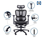 Chaise de bureau ergonomique noire en maille intégrale avec accoudoirs 4D, repose-pieds, appui-tête et inclinaison à 135° – Individuel