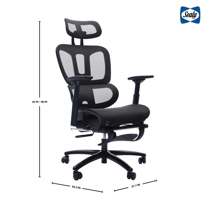 Chaise de bureau ergonomique noire en maille intégrale avec accoudoirs 4D, repose-pieds, appui-tête et inclinaison à 135° – Individuel