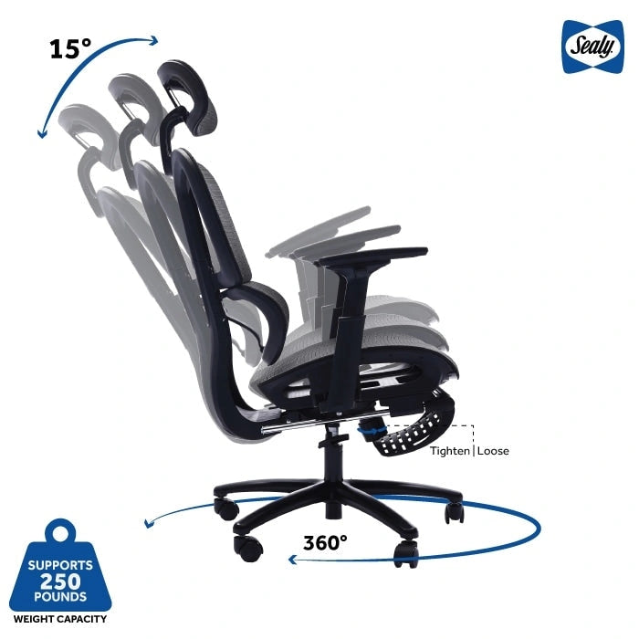 Chaise de bureau ergonomique noire en maille intégrale avec accoudoirs 4D, repose-pieds, appui-tête et inclinaison à 135° – Individuel