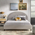 Lit plate-forme queen size avec tête de lit ronde, tapissé en gris argenté / jaune pâle / vert jonc de mer / lin blanc – Simple