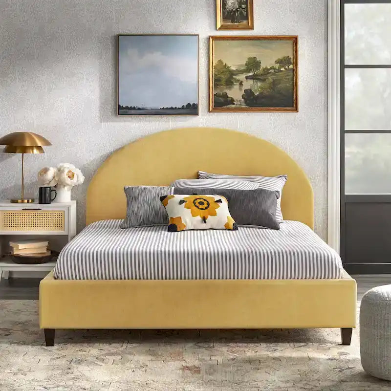 Lit plate-forme queen size avec tête de lit ronde, tapissé en gris argenté / jaune pâle / vert jonc de mer / lin blanc – Simple