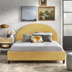 Lit plate-forme queen size avec tête de lit ronde, tapissé en gris argenté / jaune pâle / vert jonc de mer / lin blanc – Simple