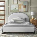 Lit plate-forme queen size avec tête de lit ronde, tapissé en gris argenté / jaune pâle / vert jonc de mer / lin blanc – Simple