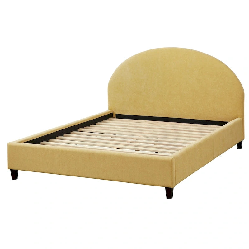 Lit plate-forme queen size avec tête de lit ronde, tapissé en gris argenté / jaune pâle / vert jonc de mer / lin blanc – Simple