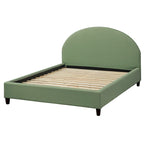 Lit plate-forme queen size avec tête de lit ronde, tapissé en gris argenté / jaune pâle / vert jonc de mer / lin blanc – Simple