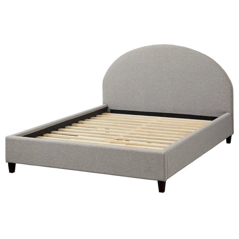 Lit plate-forme queen size avec tête de lit ronde, tapissé en gris argenté / jaune pâle / vert jonc de mer / lin blanc – Simple