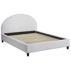 Lit plate-forme queen size avec tête de lit ronde, tapissé en gris argenté / jaune pâle / vert jonc de mer / lin blanc – Simple