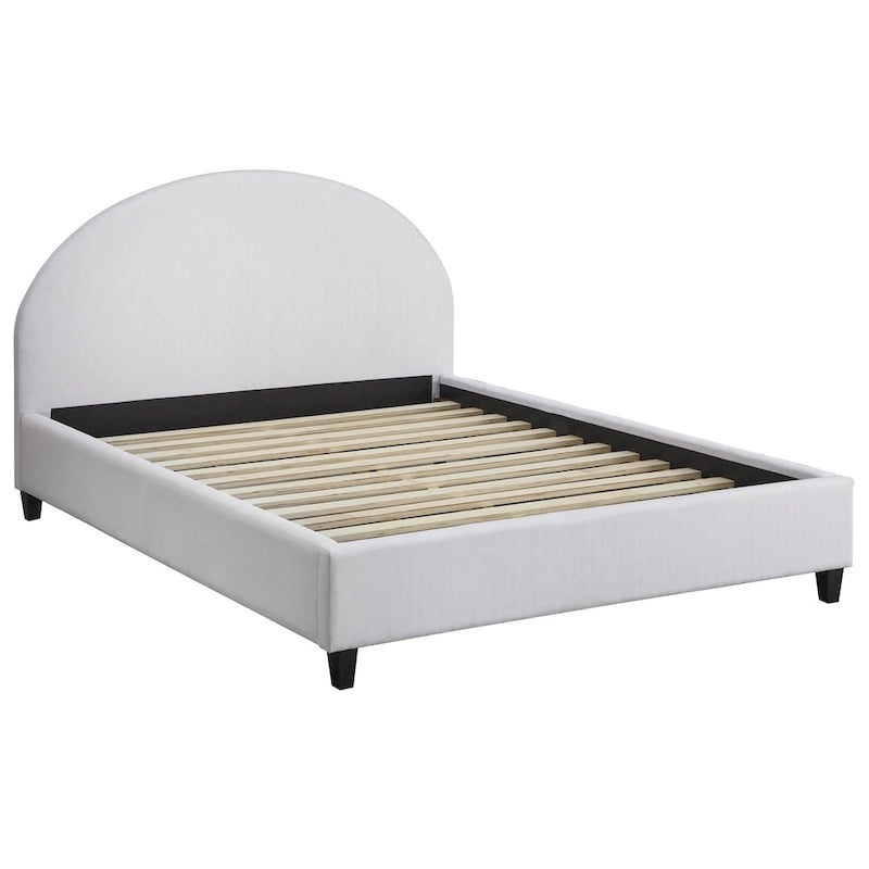 Lit plate-forme queen size avec tête de lit ronde, tapissé en gris argenté / jaune pâle / vert jonc de mer / lin blanc – Simple