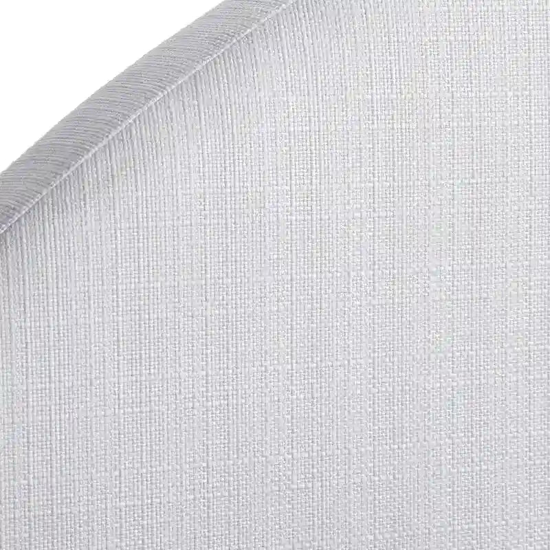 Lit plate-forme queen size avec tête de lit ronde, tapissé en gris argenté / jaune pâle / vert jonc de mer / lin blanc – Simple