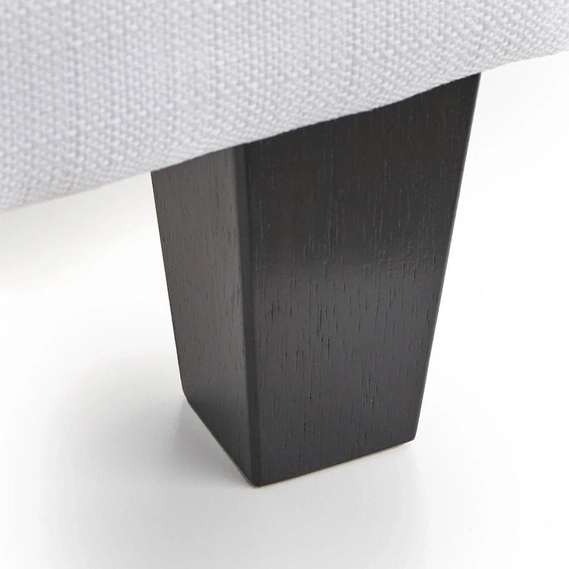 Lit plate-forme queen size avec tête de lit ronde, tapissé en gris argenté / jaune pâle / vert jonc de mer / lin blanc – Simple