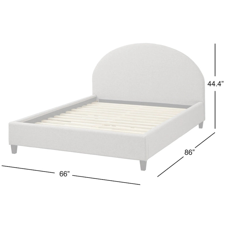 Lit plate-forme queen size avec tête de lit ronde, tapissé en gris argenté / jaune pâle / vert jonc de mer / lin blanc – Simple
