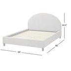 Lit plate-forme queen size avec tête de lit ronde, tapissé en gris argenté / jaune pâle / vert jonc de mer / lin blanc – Simple
