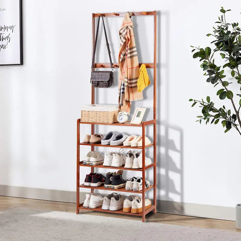 Étagère à chaussures en bambou marron avec crochets – 4 niveaux, pour 1 à 2 personnes