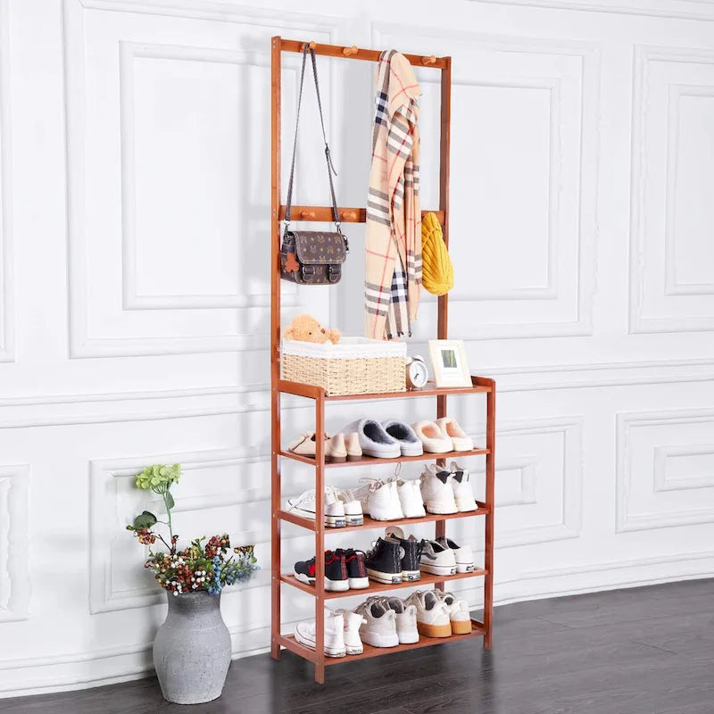 Étagère à chaussures en bambou marron avec crochets – 4 niveaux, pour 1 à 2 personnes