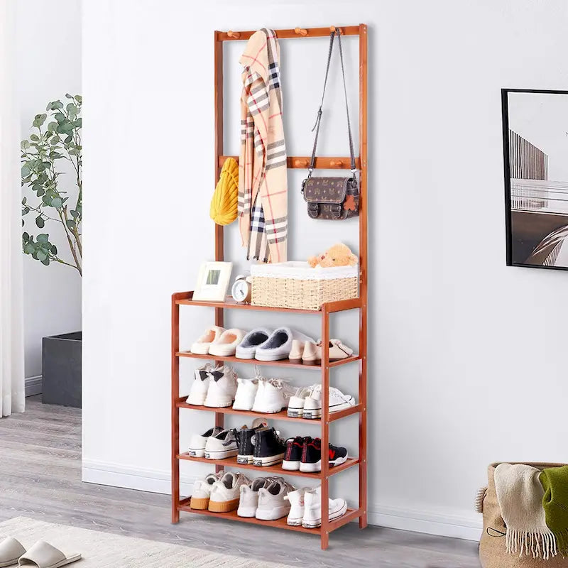 Étagère à chaussures en bambou marron avec crochets – 4 niveaux, pour 1 à 2 personnes