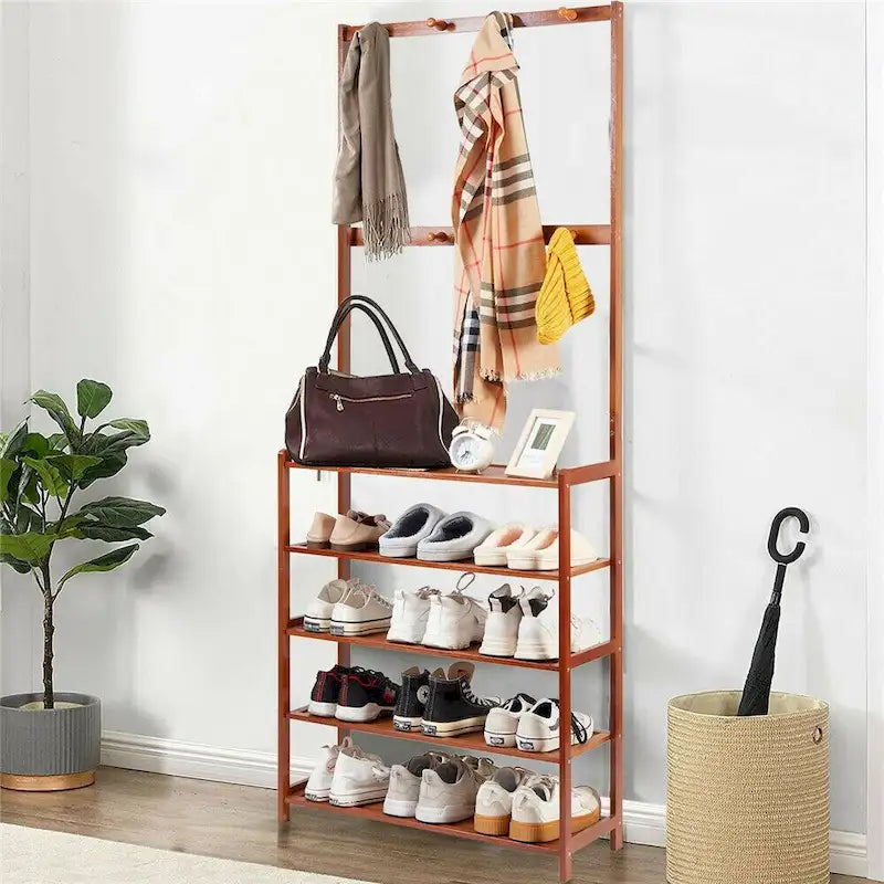 Étagère à chaussures en bambou marron avec crochets – 4 niveaux, pour 1 à 2 personnes