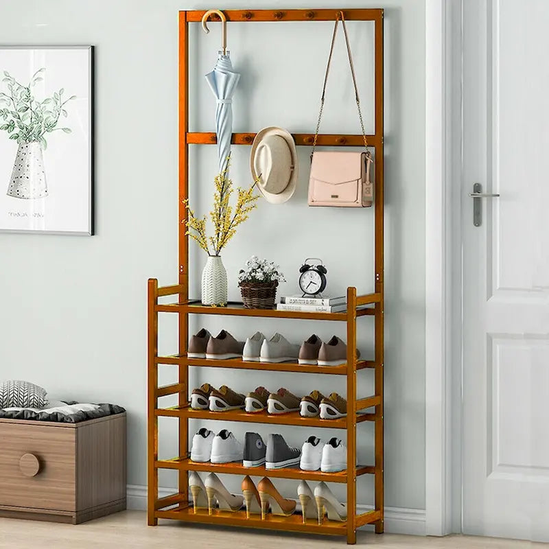 Étagère à chaussures en bambou marron avec crochets – 4 niveaux, pour 1 à 2 personnes