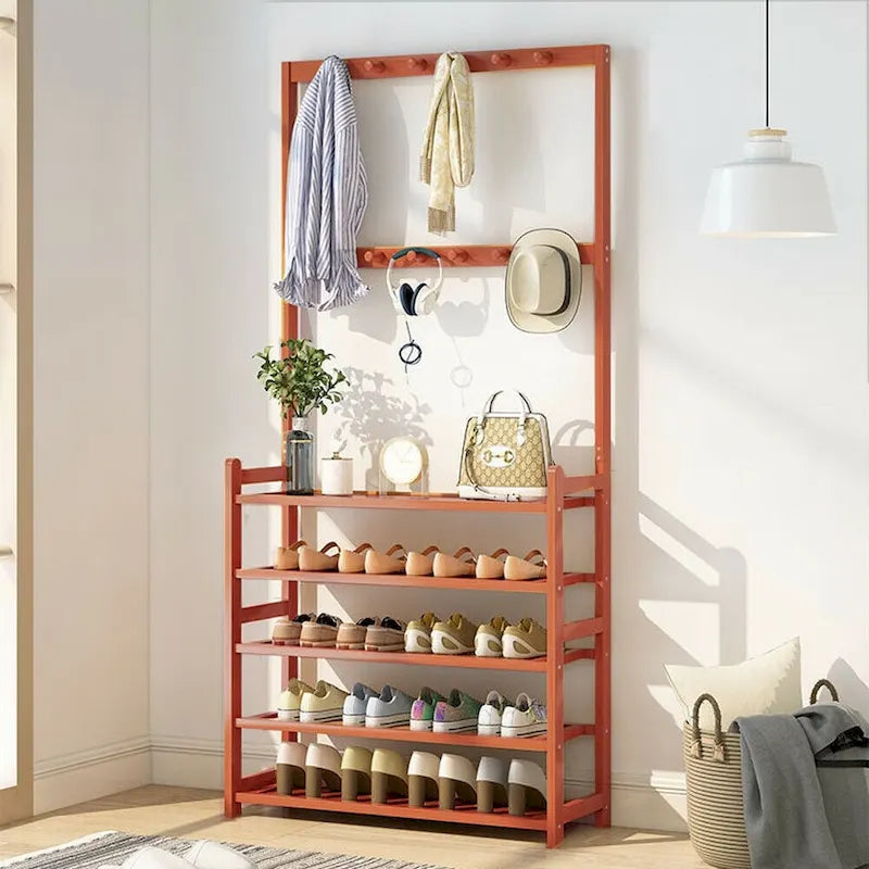Étagère à chaussures en bambou marron avec crochets – 4 niveaux, pour 1 à 2 personnes